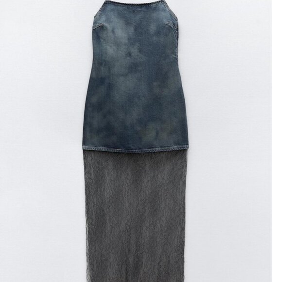 Zara $89  LACE DENIM DRESS BLUE GREY 6045/003 NWT S M L - Picture 8 of 13